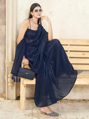 Ready to wear navy blue colored shimmer saree with tassles on pallu
