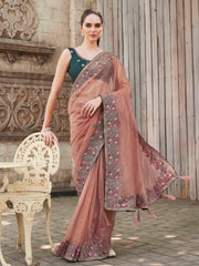 peach colored designer shimmer net embroidered saree