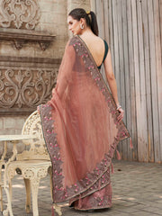 peach colored designer shimmer net embroidered saree