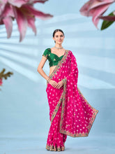 Tikhi Imli - Rani colored bandhani printed embroidered saree