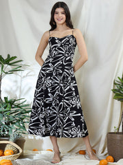 Zummer Black Floral Strappy Fit & Flare Midi Dress