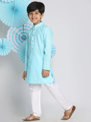 Vastramay - Boys' Aqua And White Kurta Pyjama Set