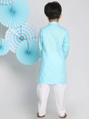 Vastramay - Boys' Aqua And White Kurta Pyjama Set