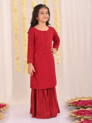 Vastramay - Girls' Maroon Embellished Kurta Palazzo Set