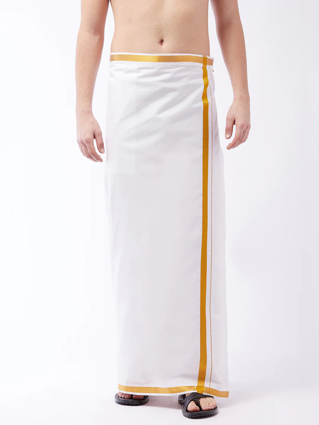 VASTRAMAY - قميص Dhoti/Mundu/Vesty باللونين الأبيض والذهبي للرجال