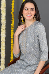 grey cotton blend bandhani printed straight kurta