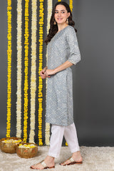grey cotton blend bandhani printed straight kurta