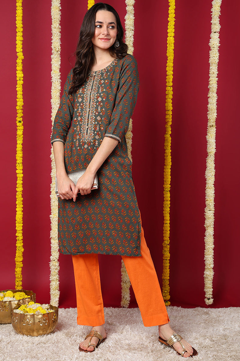 olive green cotton blend floral embroidered straight kurta