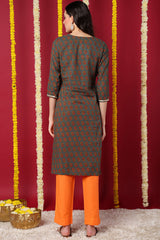 olive green cotton blend floral embroidered straight kurta