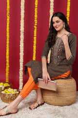 olive green cotton blend floral embroidered straight kurta