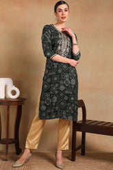 green silk blend ethnic motifs printed straight kurta
