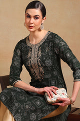 green silk blend ethnic motifs printed straight kurta