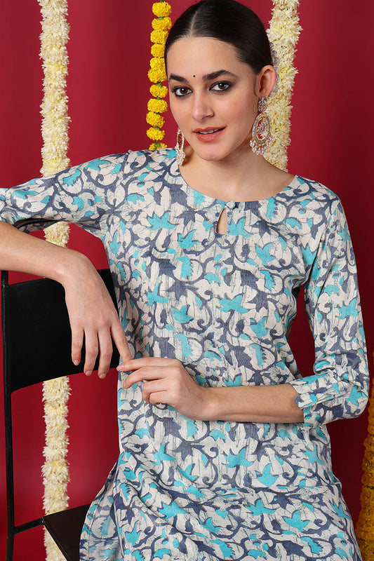 blue silk blend ethnic motifs printed straight kurta vck9709
