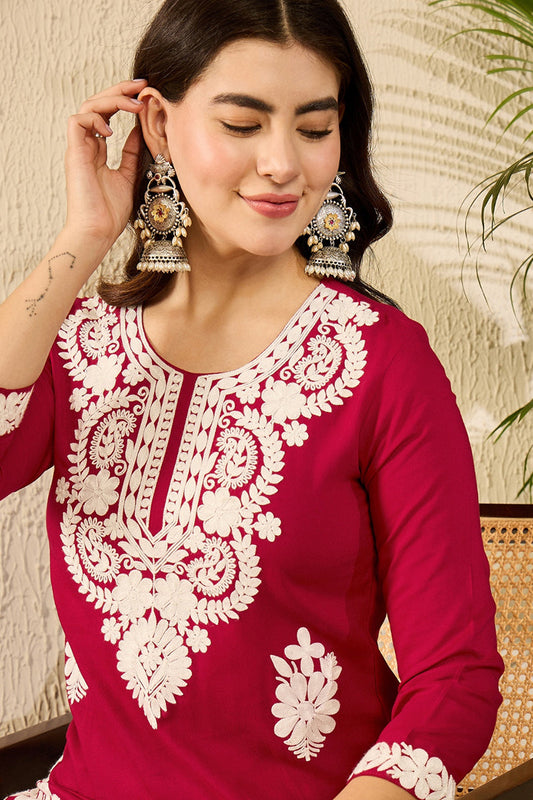 red viscose rayon solid embroidered straight kurta