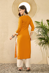 yellow viscose rayon solid embroidered straight kurta