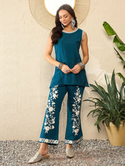 blue silk blend solid embroidered high low co ord set