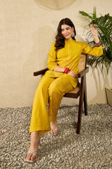 mustard silk blend solid embroidered regular coord sets