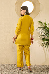 mustard silk blend solid embroidered regular coord sets