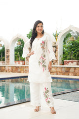 white silk blend solid embroidered coord sets