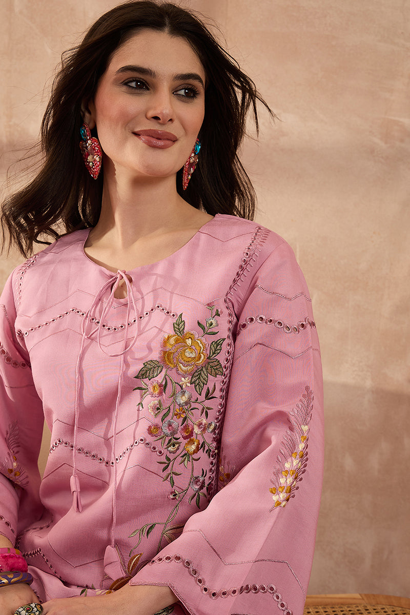 pink silk blend embroidered straight coord sets