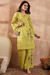 green silk blend embroidered straight coord sets