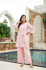 pink pure cotton solid embroidered coord sets