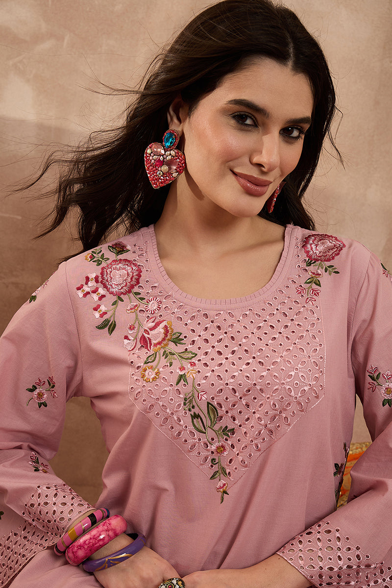 pink pure cotton embroidered straight coord sets