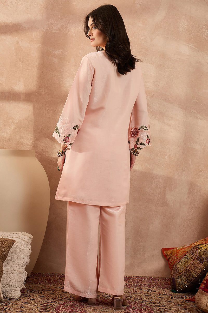 Peach Silk Blend Embroidered Scalloped Coord Sets