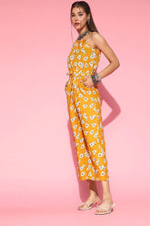 mustard polyester sleeveless floral print jumpsuit