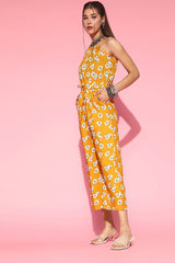 mustard polyester sleeveless floral print jumpsuit