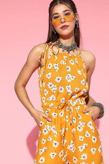 mustard polyester sleeveless floral print jumpsuit