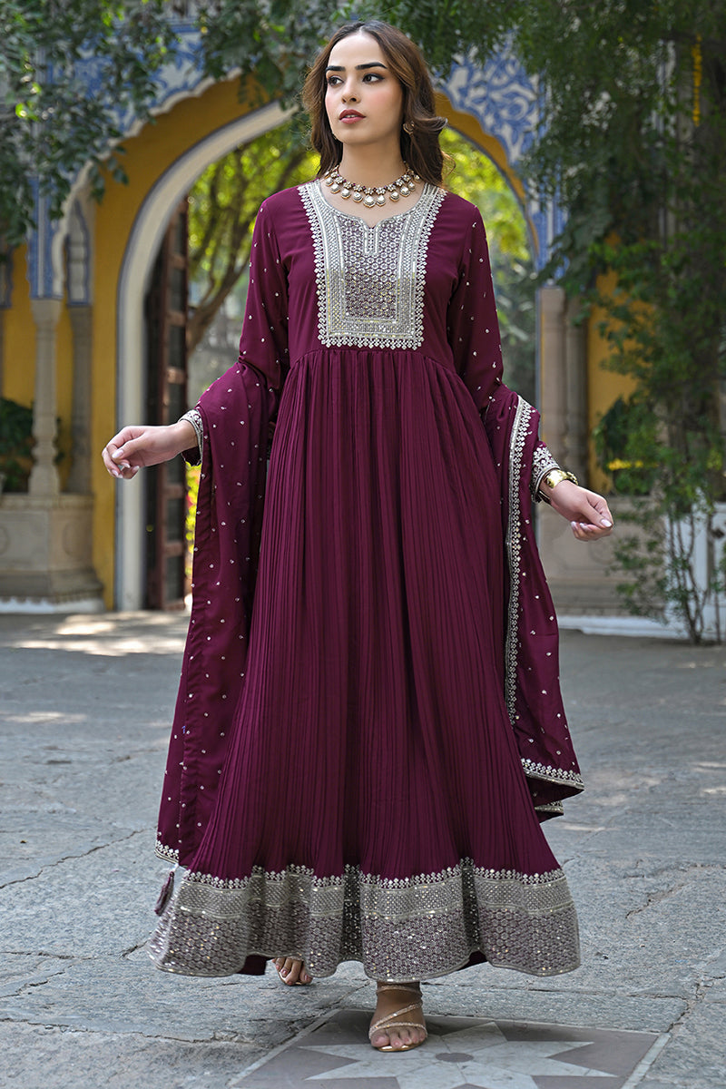 magenta georgette solid yoke design sequined anarkali kurta set