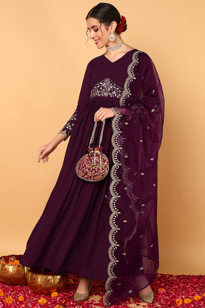purple georgette embroidered zari work flared kurta set vkset1489