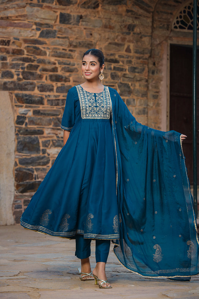 teal pure cotton anarkali suit set