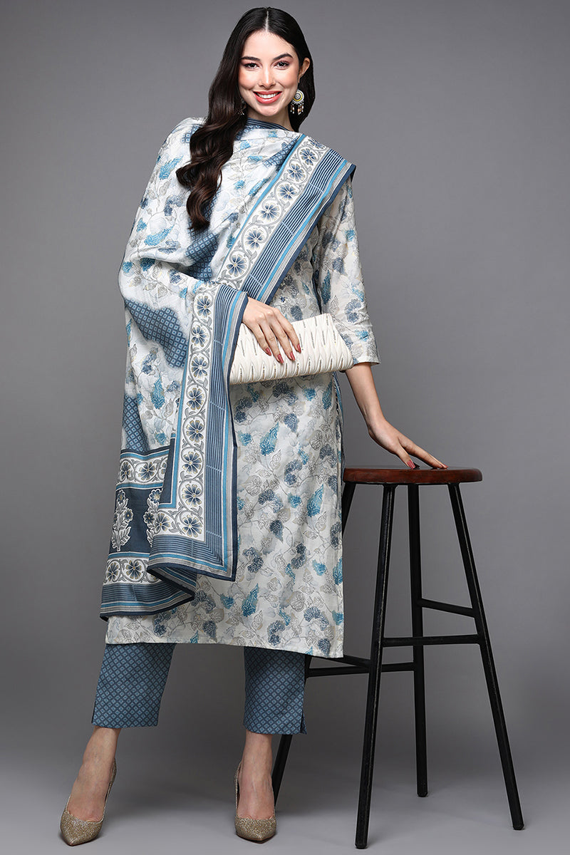 Off White Poly Chanderi Floral Straight Suit Set