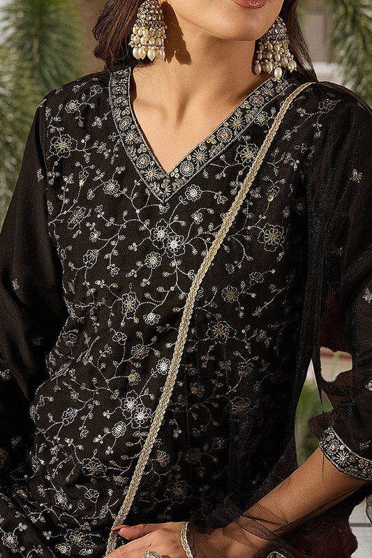 black silk blend embroidered kurta pant with dupatta vkskd1755
