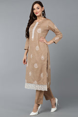 taupe silk blend straight suit set