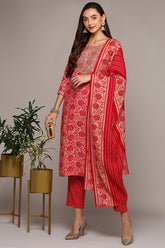 pink silk blend printed straight suit set
