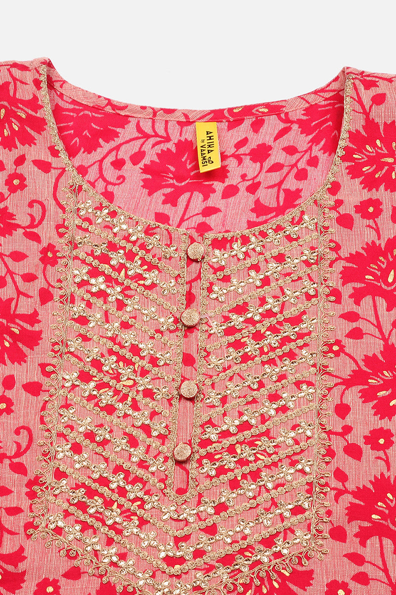 pink silk blend printed straight suit set