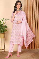 plus size pink pure cotton floral printed straight suit set