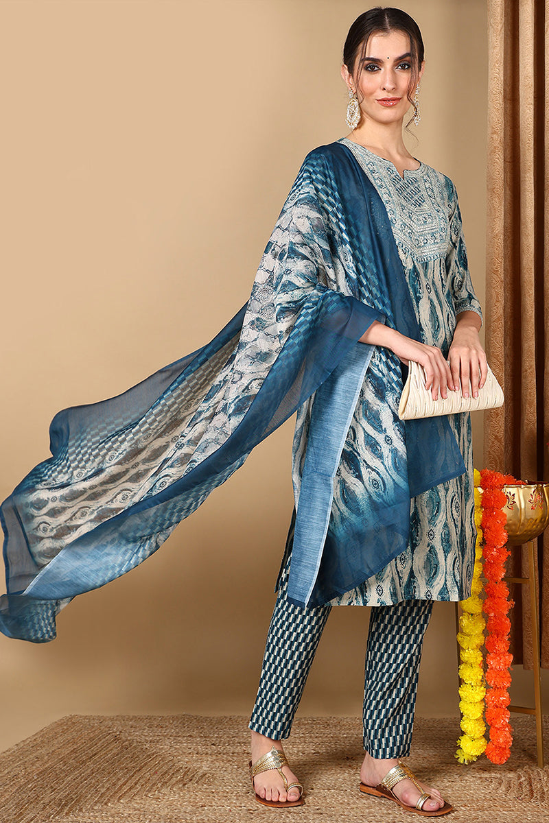 blue cotton ethnic motifs printed yoke design suit set