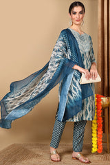 blue cotton ethnic motifs printed yoke design suit set