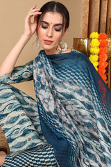 blue cotton ethnic motifs printed yoke design suit set
