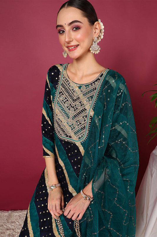 navy blue viscose rayon leheriya printed yoke design straight suit set vkskd2099