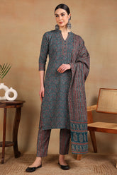 teal blue rayon blend ethnic motifs printed straight suit set