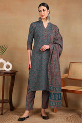 teal blue rayon blend ethnic motifs printed straight suit set