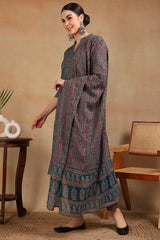 teal blue rayon blend ethnic motifs printed straight suit set