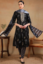 black rayon floral printed yoke design straight suit set