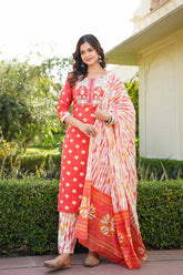 orange rayon blend bandhani embroidered straight trouser bottom suit set