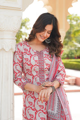 red rayon blend paisley printed straight suit set with trouser bottom